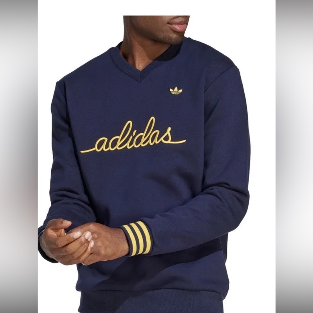 adidas men's v-neck embroidered sweatshirt. Navy blue and yellow. Men’s XS 🎁